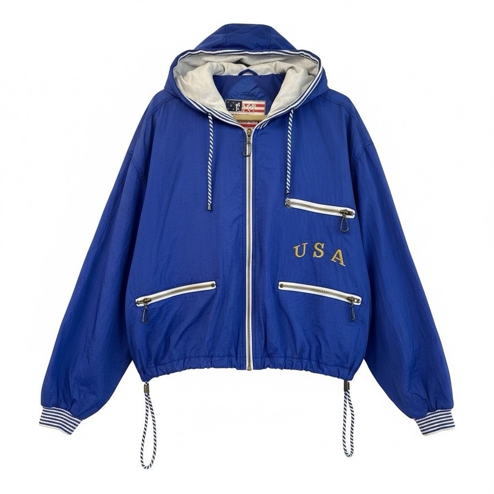 East West Vtg USA Themed Hooded Windbreaker Women’s Size Medium Blue Lined Nylon